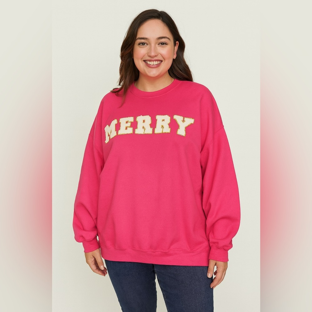 Merry Sweatshirt/Gildan Tag Hot Pink white fuzzy word lined gold glitter. AR13